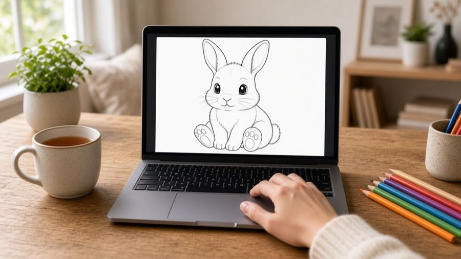 Laptop showing a coloring page being generated