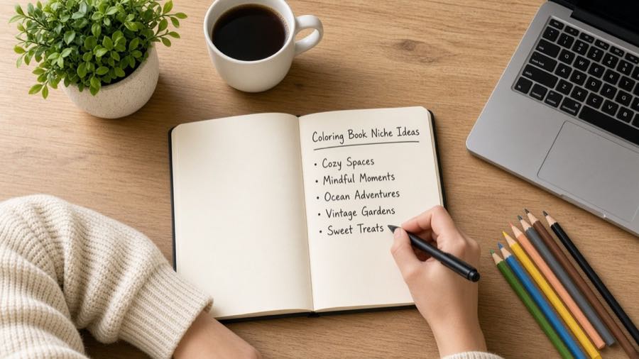 Notebook with coloring book niche ideas on a desk