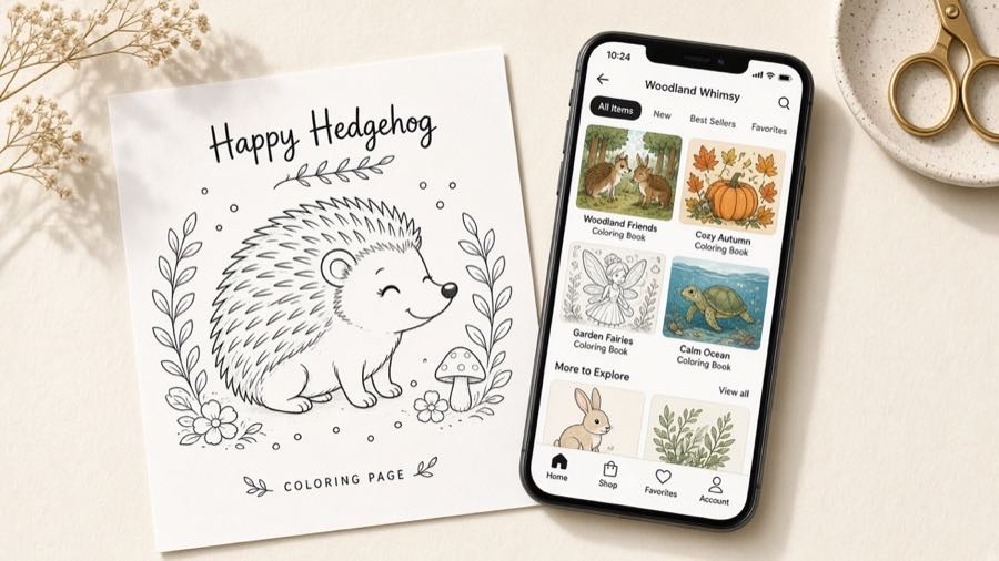 Printed coloring pages and phone storefront