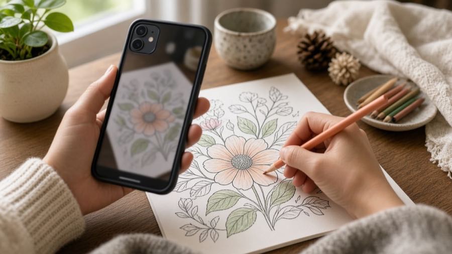 Coloring a page while filming on a phone
